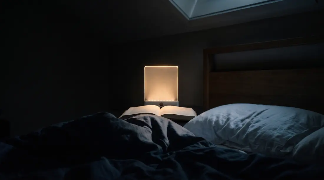 The Lorelight’s warm light resting only on the open page, the pillow beside it left dark