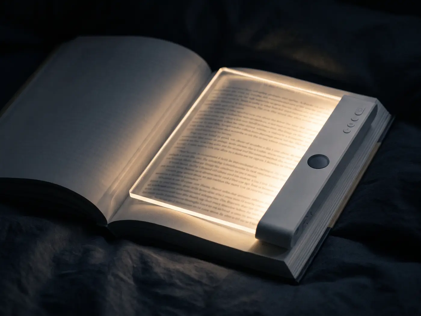 The Lorelight panel lying flat across an open page, lighting the paper evenly edge to edge