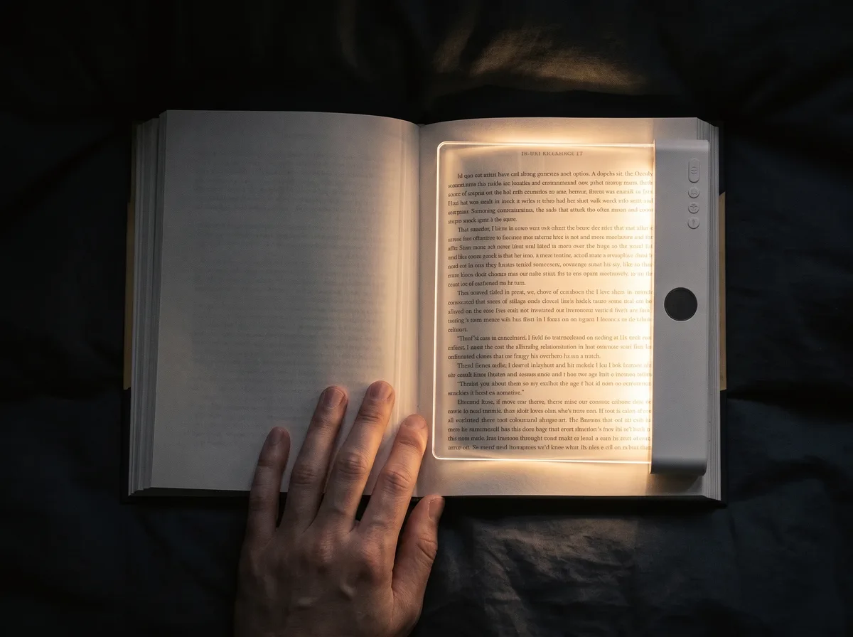 Seen from above: the lit panel lying flat across the whole right-hand page of an open book, a hand resting on the facing page