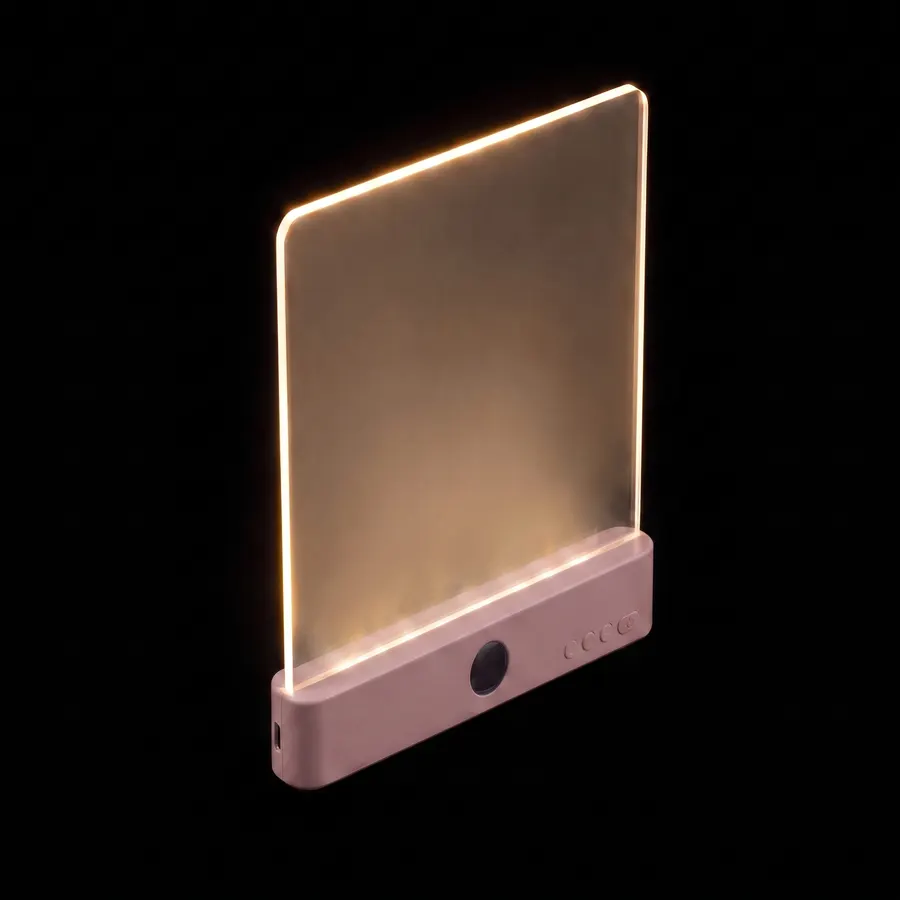 The Lorelight in pink pink, floating on black, glowing warm